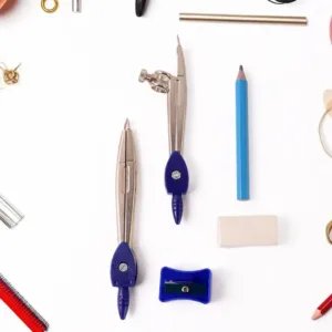 Complete geometry box set with compass, scale, set squares, protractor, eraser & sharpener metal box - Durable Plastic
